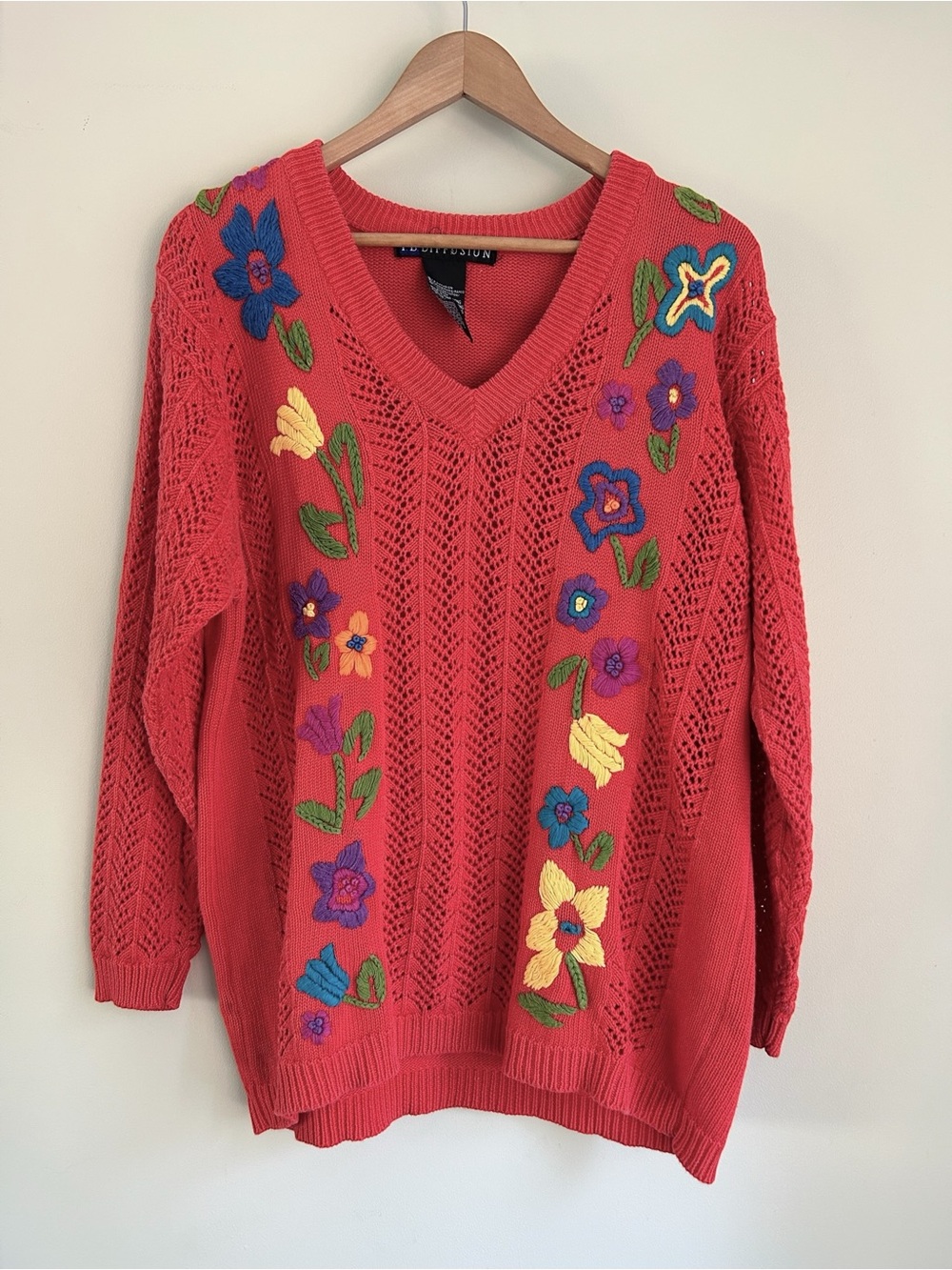 Vintage Floral Embroidery Crochet Long Sleeve V Neck Knit Sweater Extra Large